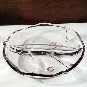 Lilac Pink Glass Round Leaf Divided Relish Dish Candy Bowl scalloped footed 6.5"